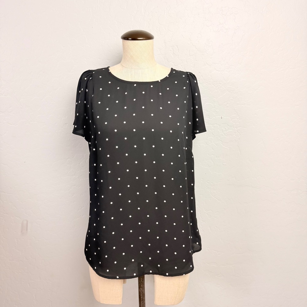 CeCe Womens Black Polka Dot Short Sleeve Keyhole Back Blouse Size M